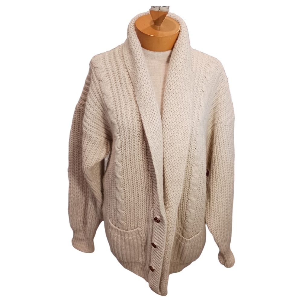 Vintage OakBrook Wool Cardigan Chunky Knit Size Medium/ Large Beige Fall Wool